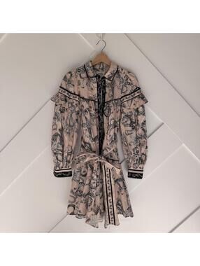Long Sleeve Paisley Tie-Waist Mini Dress in Blush